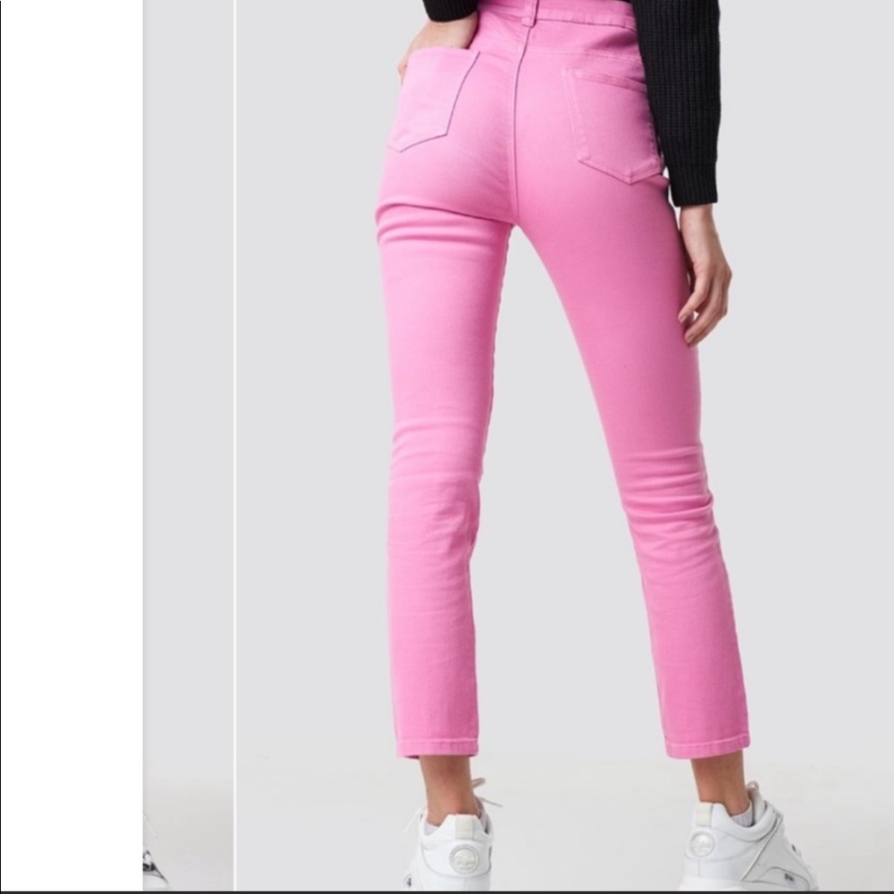 NWT NA-KD Pink High Waist Skinny Front Slit Jeans - Picture 2 of 6